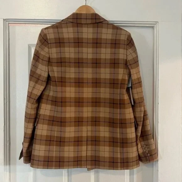 New Aritzia Wilfred Margaux Tan Brown Check Plaid Oxford Double Breasted Blazer - Picture 4 of 6